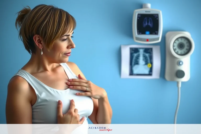 Which autoimmune disorder of the muscular system is characterized by Woman in medical setting wearing white shirt, with her hand on her chest. She is examining her breast area.
