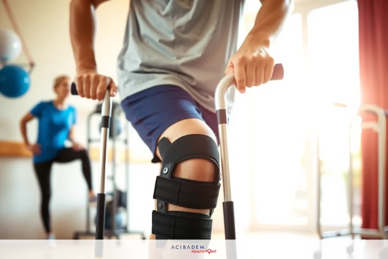 The image depicts an individual using a pair of crutches, likely for rehabilitation or support. The person is standing inside what appears to be a gym environment with exercise equipment visible in the background.