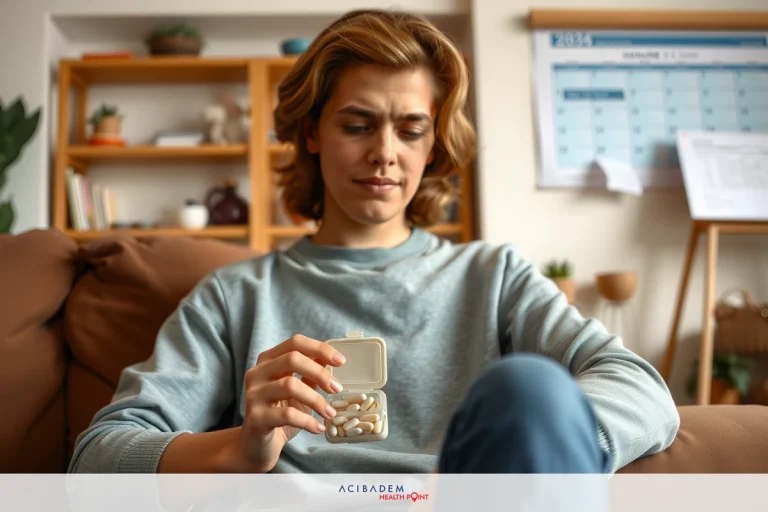 The Multilevel Spondylosis – Understanding the Basics Man sitting on couch holding a small blue box, looking at it. Home environment with books and plants in background.