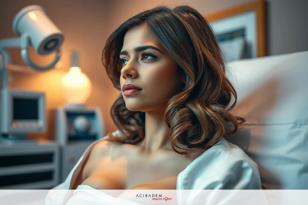 The image depicts a woman in a hospital setting, lying on a bed. She appears to be in her underwear, which is visible, suggesting she might be in a vulnerable or medical situation.