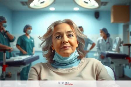 This image depicts a scene from a medical clinic. A woman is sitting on a medical chair, wearing a surgical mask and likely waiting for treatment. There are several staff members around her, including a person who could be a doctor.