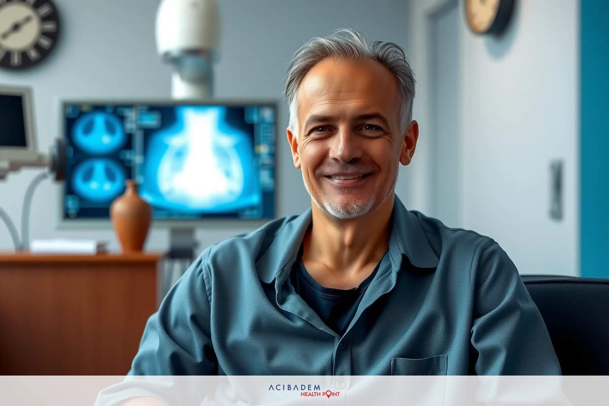 The image shows a man sitting at a desk in what appears to be a medical office environment. The man is smiling and wearing a grey shirt with open collar.