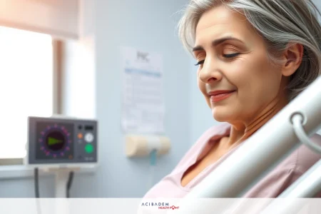 The Can Gallstones Cause Weight Gain The image depicts a middle-aged woman sitting on a hospital bed. She is wearing a pink gown and appears to be resting or possibly receiving medical treatment.