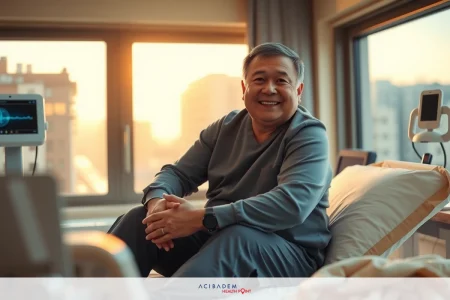 The image shows a person, likely a medical professional, smiling and sitting comfortably on a hospital bed. The person is wearing a dark-colored garment that resembles medical scrubs or a uniform commonly worn by doctors or nurses in healthcare settings.