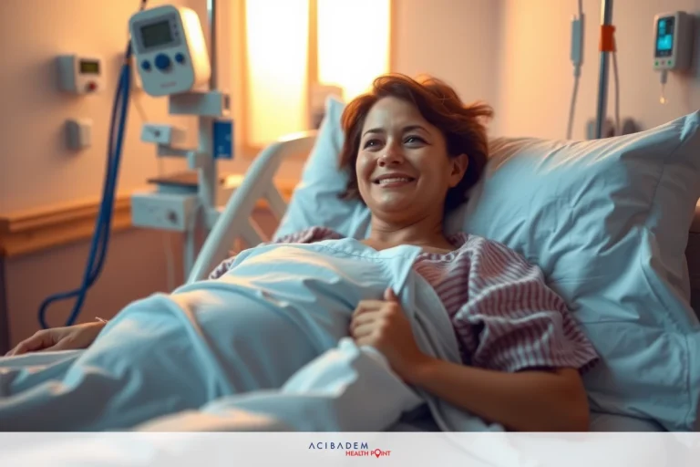 The image depicts a woman lying in a hospital bed, smiling and looking directly at the camera. She appears to be resting comfortably under medical care.