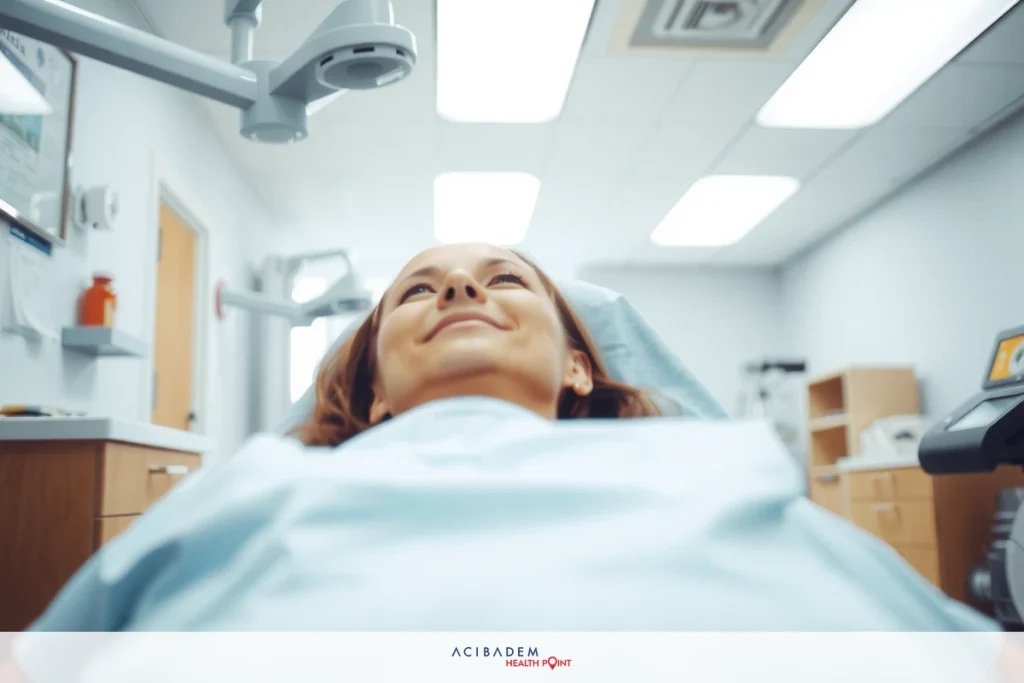 A female patient lying on a examination chair, smiling and looking up at the ceiling. The environment is a clean, well-lit medical office with medical equipment visible in the background.