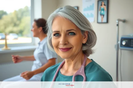 The image shows a medical doctor with gray hair smiling at the camera. She is wearing scrubs and has a stethoscope around her neck, indicating that she is a healthcare professional.