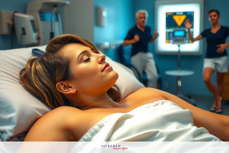 The image shows a hospital setting with a woman lying in a hospital bed. She is shirtless and appears to be resting or possibly asleep. The medical staff, consisting of two individuals, are standing near her, observing her condition.