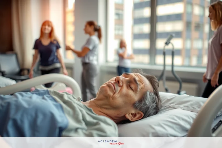 The image shows a hospital room with medical personnel attending to an adult male lying in bed. The patient appears to be resting or receiving treatment, while the healthcare professionals are engaged in their duties around him.