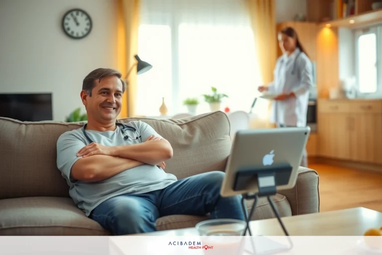 In the picture, there is a man sitting on a couch in a comfortable living room. He has a stethoscope around his neck, probably a doctor, and an iPad on the table in front of him. He is wearing a gray t-shirt and appears to be watching a video or listening to something.