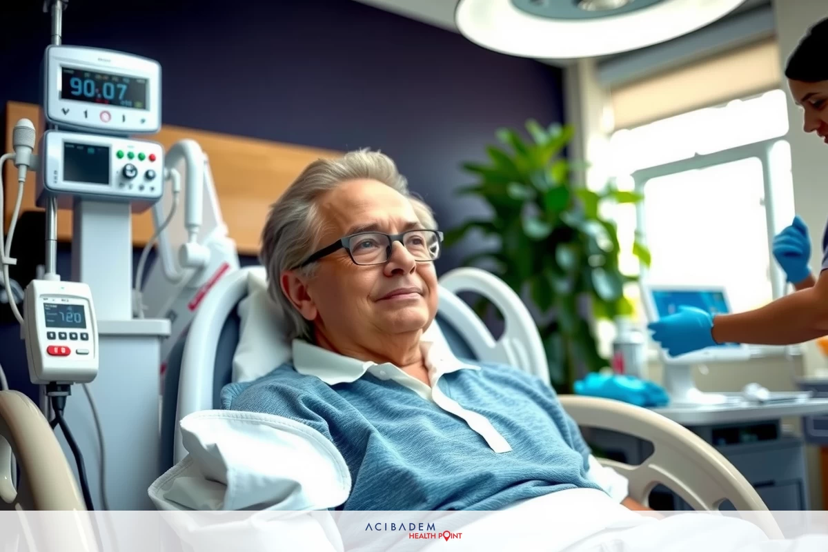 This image depicts a medical scene in which an older gentleman is lying on a hospital bed with various medical devices attached to him. He appears to be awake and smiling, while a nurse stands beside the bed, wearing gloves, indicating she might be administering medicine or performing some medical procedure.