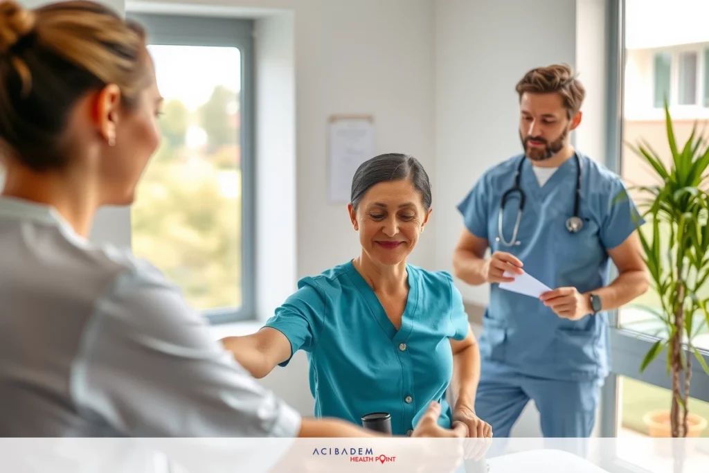 A team of medical professionals, including a doctor and nurses, in an office environment. They are discussing treatment plans with patients who are seated on hospital beds.
