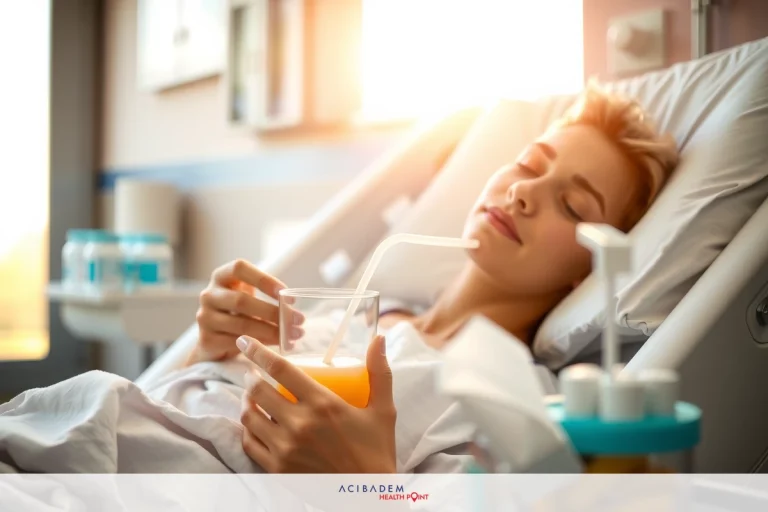 The Anterior Osteophytes in Spine Health A young woman is lying in a hospital bed, holding a glass of orange juice. She's wearing a medical gown and appears to be recovering or resting. The room has bright light coming through the window, suggesting it might be early morning or daytime. There are various medical items around her such as bottles that could contain medication or fluids.