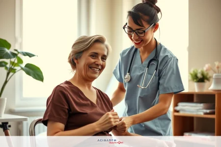 Cancer diagnosis signs symptoms and diagnosis Medical professional assisting elderly patient in home environment. A positive healthcare interaction between a nurse and an older woman with a warm smile.