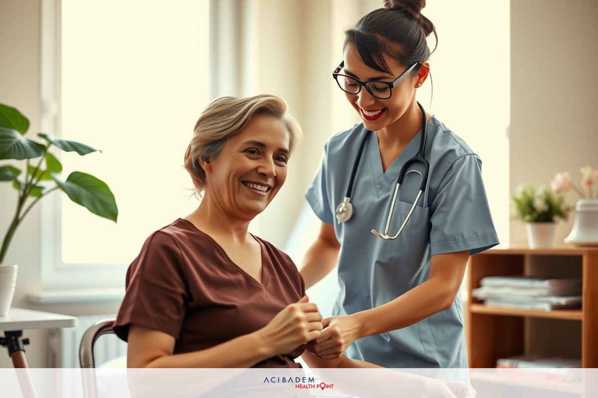 Medical professional assisting elderly patient in home environment. A positive healthcare interaction between a nurse and an older woman with a warm smile.