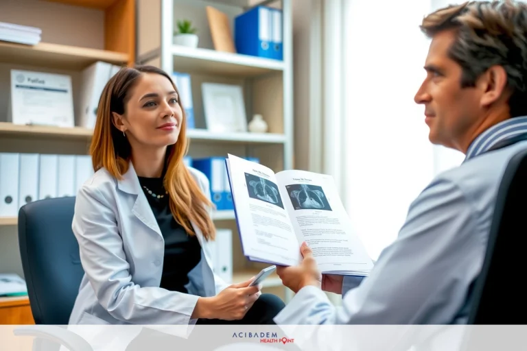 The CT Findings of Brain Colloid Cyst In an office setting, a man and woman are engaged in conversation. The man is holding a book or folder open to a page with text and images. He appears to be presenting information to the woman who stands opposite him at the conference table.