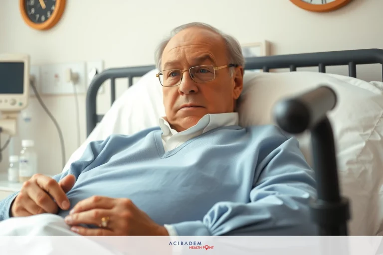 The PTSD and Tics Connection An elderly man in a hospital bed. He is sitting up, wearing a gown and appears to be concerned or worried.