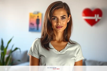 The image shows a woman seated, looking at the camera with a friendly expression. She has short dark hair and is wearing a light-colored top.