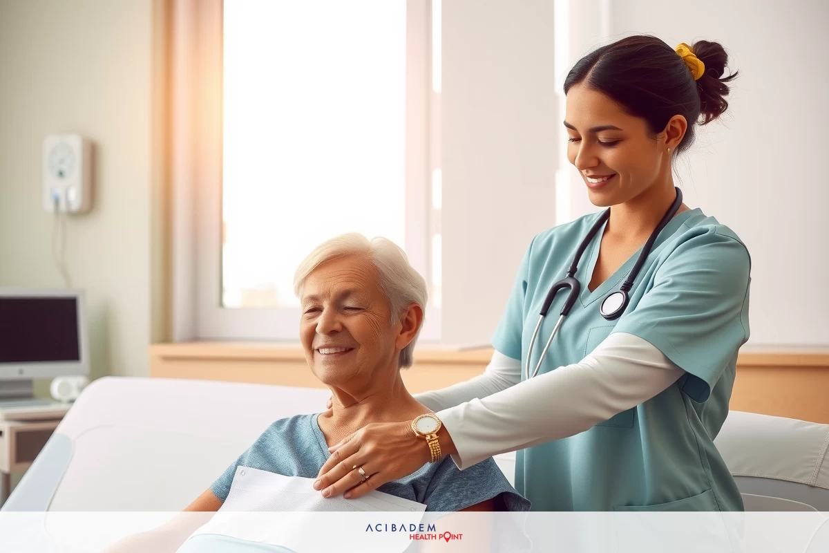 The image depicts a healthcare professional, likely a nurse or a physician, tending to an elderly patient in a hospital setting. The focus is on the interaction between the caregiver and the patient with a gentle touch, suggesting comfort or care.