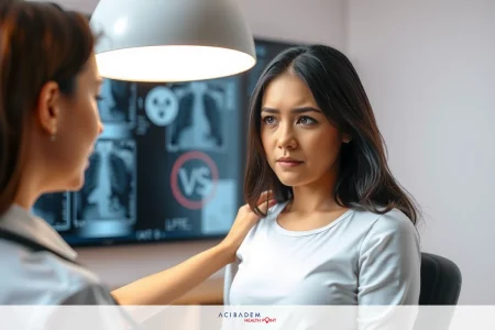 A doctor examining a woman in an office setting. The woman is wearing white and appears to be receiving medical attention from the doctor who has her chest area exposed for examination.