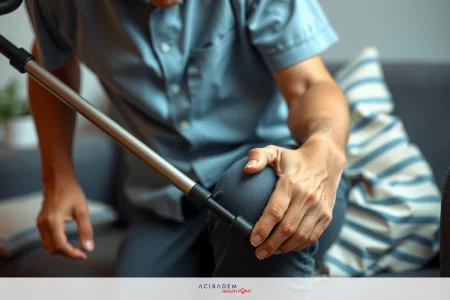 A man standing with a cane, leaning on it for support, in an indoor room.
