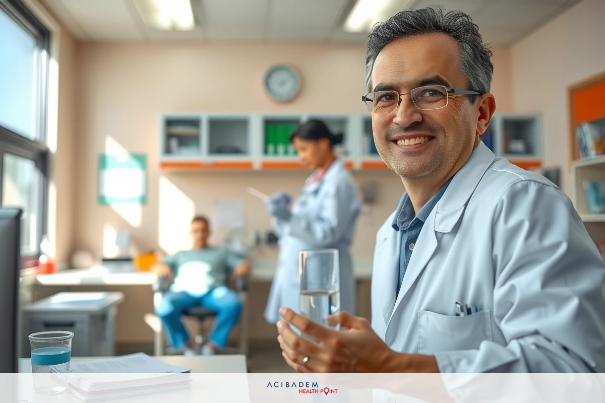 The image features a man in a lab coat seated at a desk with a scientific setting. He is smiling and appears to be engaged in conversation or presenting something.
