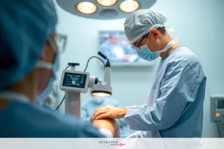 The Is Moyamoya Disease Genetic Understand the Risks The image captures a medical setting where two surgeons are present. One is seated at the operating table while the other stands, both wearing full surgical attire including masks and scrubs.