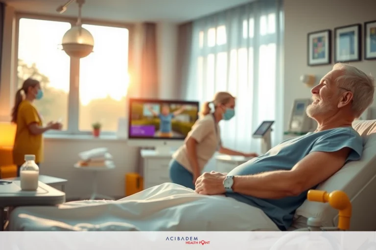 This image depicts an interior hospital room with a patient in a bed. The patient is wearing a medical gown and appears to be resting, while medical staff are visible at the end of the bed attending to him. There's daylight coming through the window.