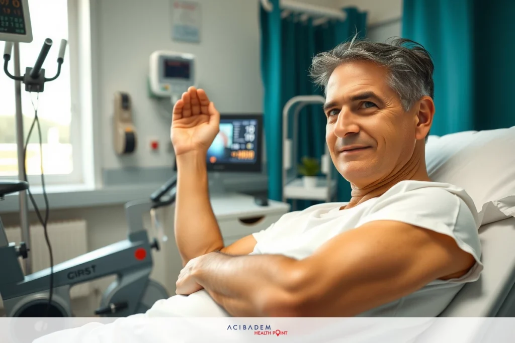 The image depicts a middle-aged man lying in a hospital bed, smiling and waving. He is dressed in a white hospital gown and appears to be connected to medical equipment. The hospital room has blue curtains and various medical devices around him.