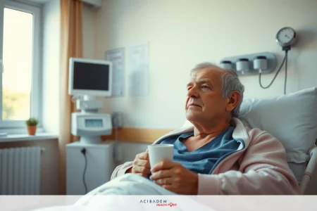 The Accommodations for Dyscalculia Support Strategies The image shows a man lying in a hospital bed. He is an elderly gentleman with grey hair, wearing a light pink robe and blue hospital garments. His expression is one of concern or worry as he gazes out the window to his left.