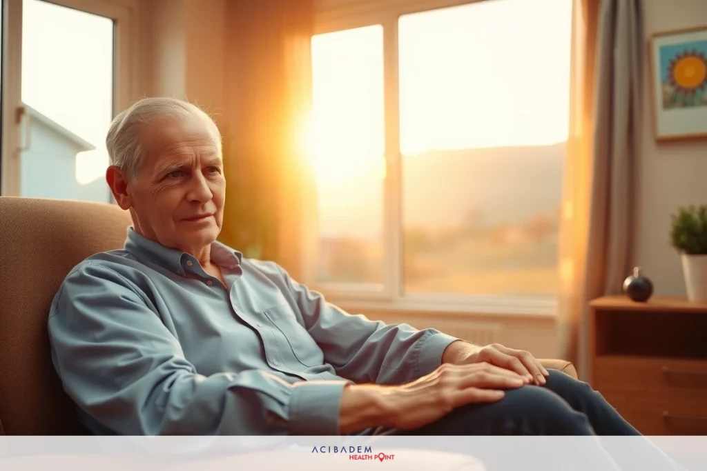 An older man with white hair sits comfortably in a living room. He is wearing a blue shirt and jeans, leaning back on a tan sofa cushion.