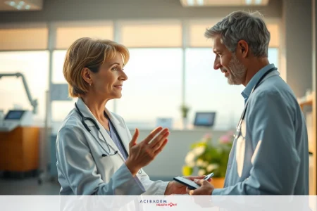 This is a photograph of two medical professionals, likely doctors given their attire and environment. They appear to be engaged in a friendly or professional discussion while standing inside a well-lit clinic with windows allowing natural light to filter into the room.