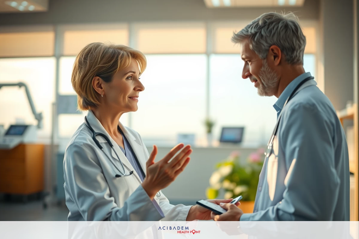 This is a photograph of two medical professionals, likely doctors given their attire and environment. They appear to be engaged in a friendly or professional discussion while standing inside a well-lit clinic with windows allowing natural light to filter into the room.