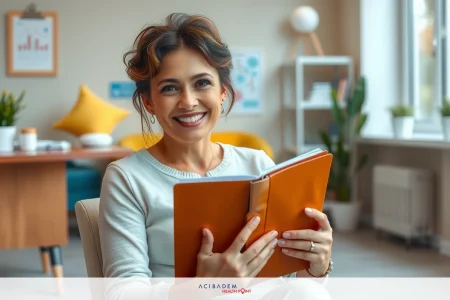 Lymphedema Flare Up Treatment: Relief and Management Woman sitting in a modern office environment, holding an open book and smiling. She is wearing casual attire suitable for reading or working at home.