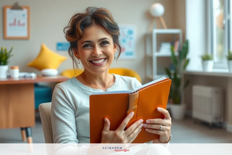 The Swollen Bottom Lip Causes and Treatments Woman sitting in a modern office environment, holding an open book and smiling. She is wearing casual attire suitable for reading or working at home.