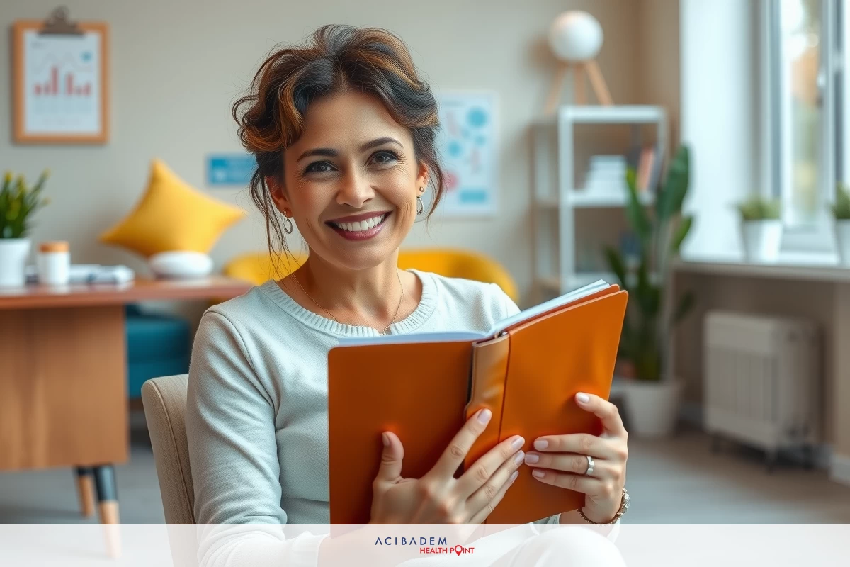 Woman sitting in a modern office environment, holding an open book and smiling. She is wearing casual attire suitable for reading or working at home.