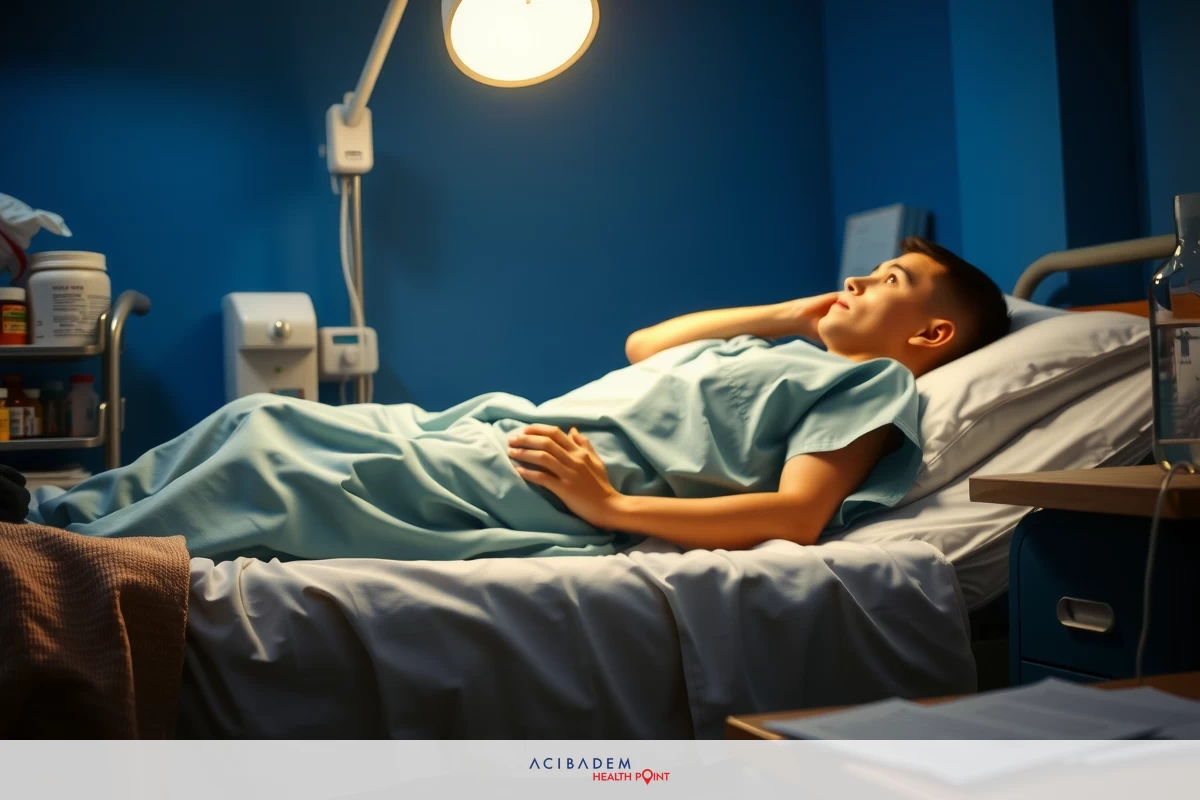 An image showing a person lying on a hospital bed in a room with medical equipment. The individual is resting, and the focus is on the face looking at something off to the side.