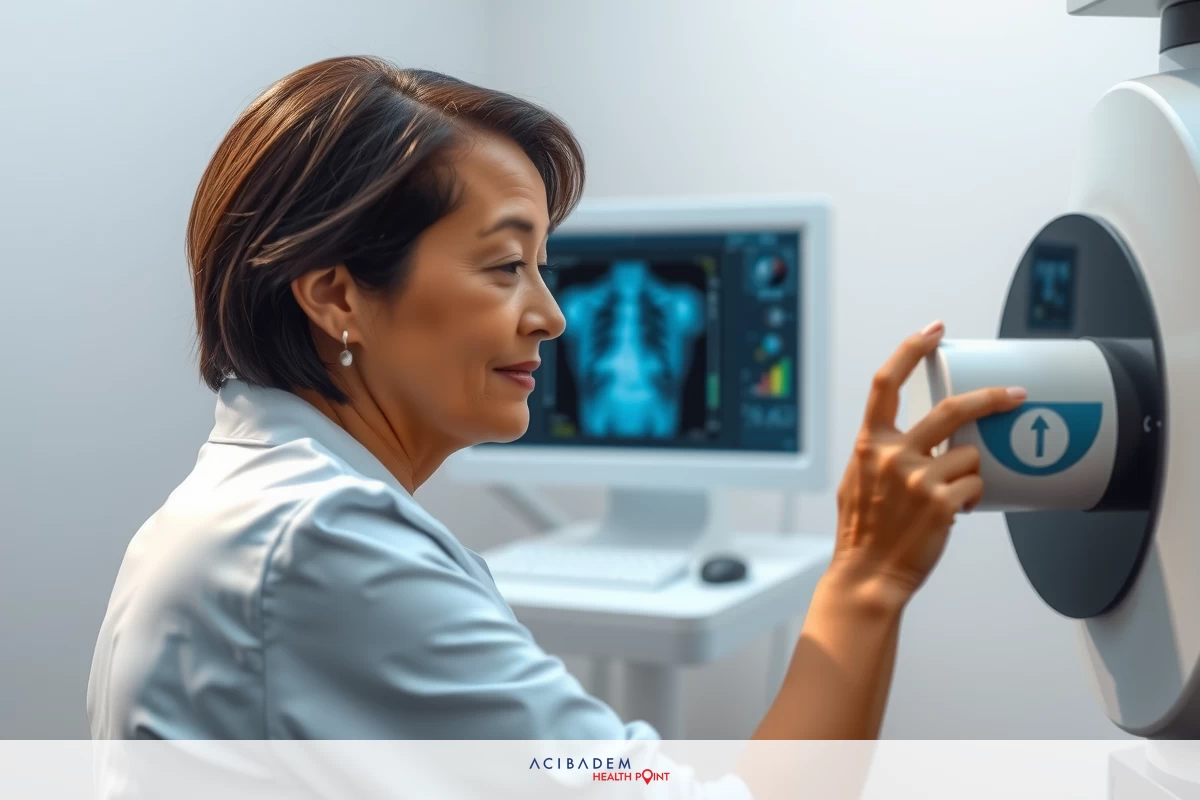 The image depicts a medical professional in an examination room. The person is wearing a white coat and appears to be interacting with medical equipment, likely preparing for or conducting a medical examination.