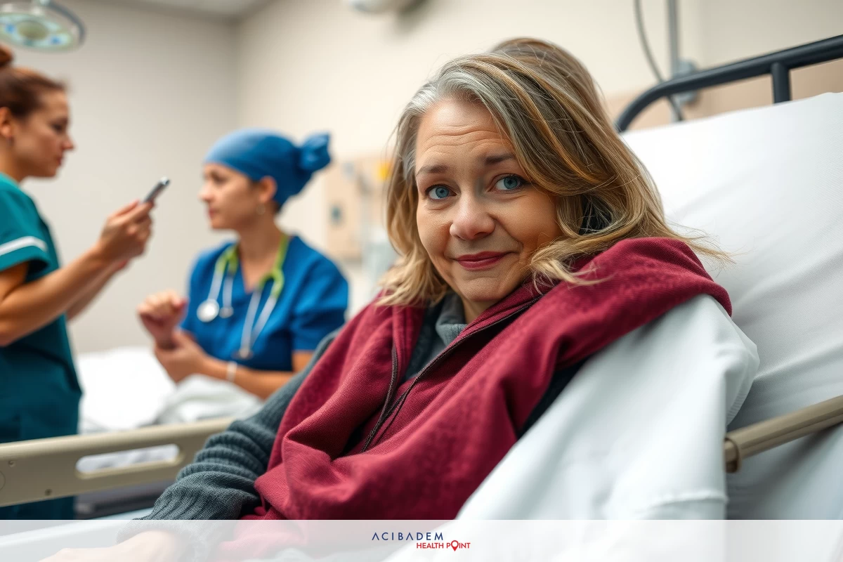 The image depicts a hospital setting. There is an older woman lying in a hospital bed, wearing a red blanket. She appears to be receiving medical attention or under observation.