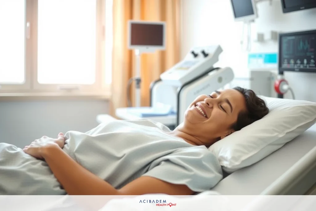 The Achy Legs and Fever Causes and Relief Options The image shows a woman in a hospital bed, smiling broadly. She has short dark hair and is wearing light-colored hospital clothing. The room appears to be a medical facility with various pieces of equipment like a heart rate monitor visible in the background.