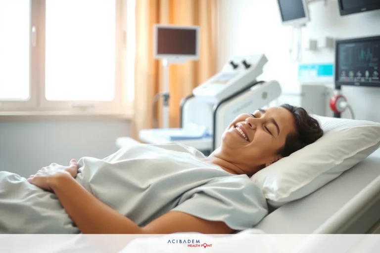 The image shows a woman in a hospital bed, smiling broadly. She has short dark hair and is wearing light-colored hospital clothing. The room appears to be a medical facility with various pieces of equipment like a heart rate monitor visible in the background.