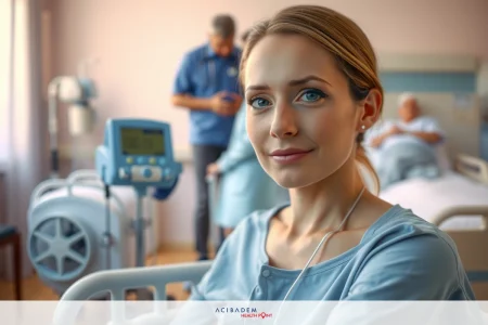 In the image, a woman dressed in medical attire is seated by the bedside of an older man. The woman appears to be a healthcare professional, possibly a nurse or doctor, given her uniform and the environment they are in.