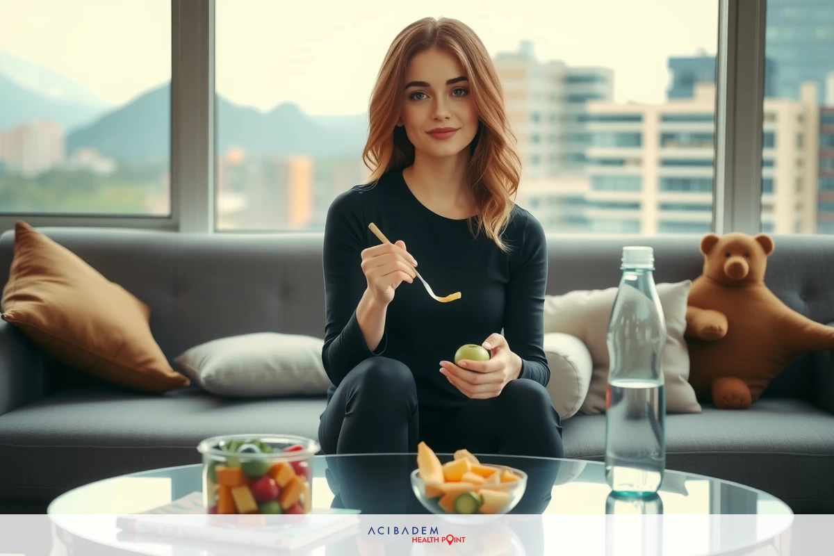 The image features a young woman sitting on a couch. She is wearing casual attire and has an apple in her hand, suggesting she might be eating or about to eat it.