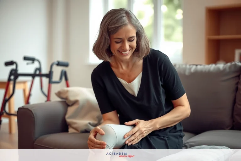 The Is it possible to develop dry socket with stitches? The image shows a woman sitting on a couch in what appears to be a living room. She is smiling and looking at her knee, which she has bandaged with a white wrap.