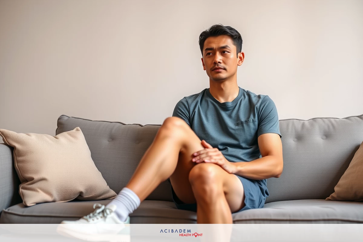 The image shows a man seated on a modern gray sofa. He appears to be casually dressed in a gray athletic shirt and dark shorts, with white sneakers.