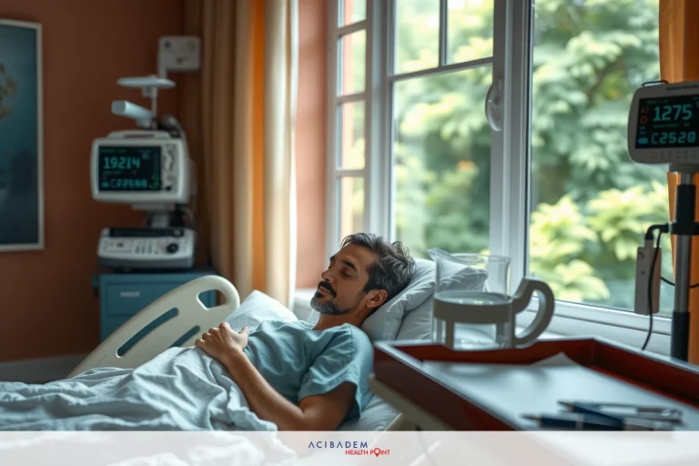 A man lying in a hospital bed, connected to medical equipment. The room has an open window showing a green outdoor scene.