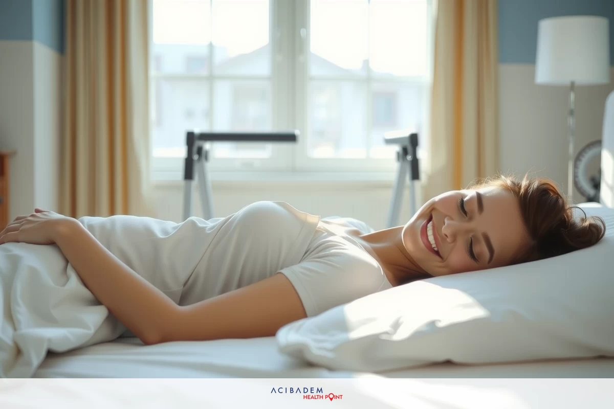 The image depicts a woman lying in bed, smiling and sleeping peacefully. The setting is brightly lit with natural light coming from the windows, suggesting it might be early morning or daytime. The room appears to be well-kept and cozy, with soft pastel colors that contribute to a serene atmosphere.