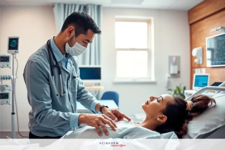 One individual in a hospital setting with medical personnel examining a patient. A doctor in a blue uniform and mask, interacting closely with the patient lying on a bed.