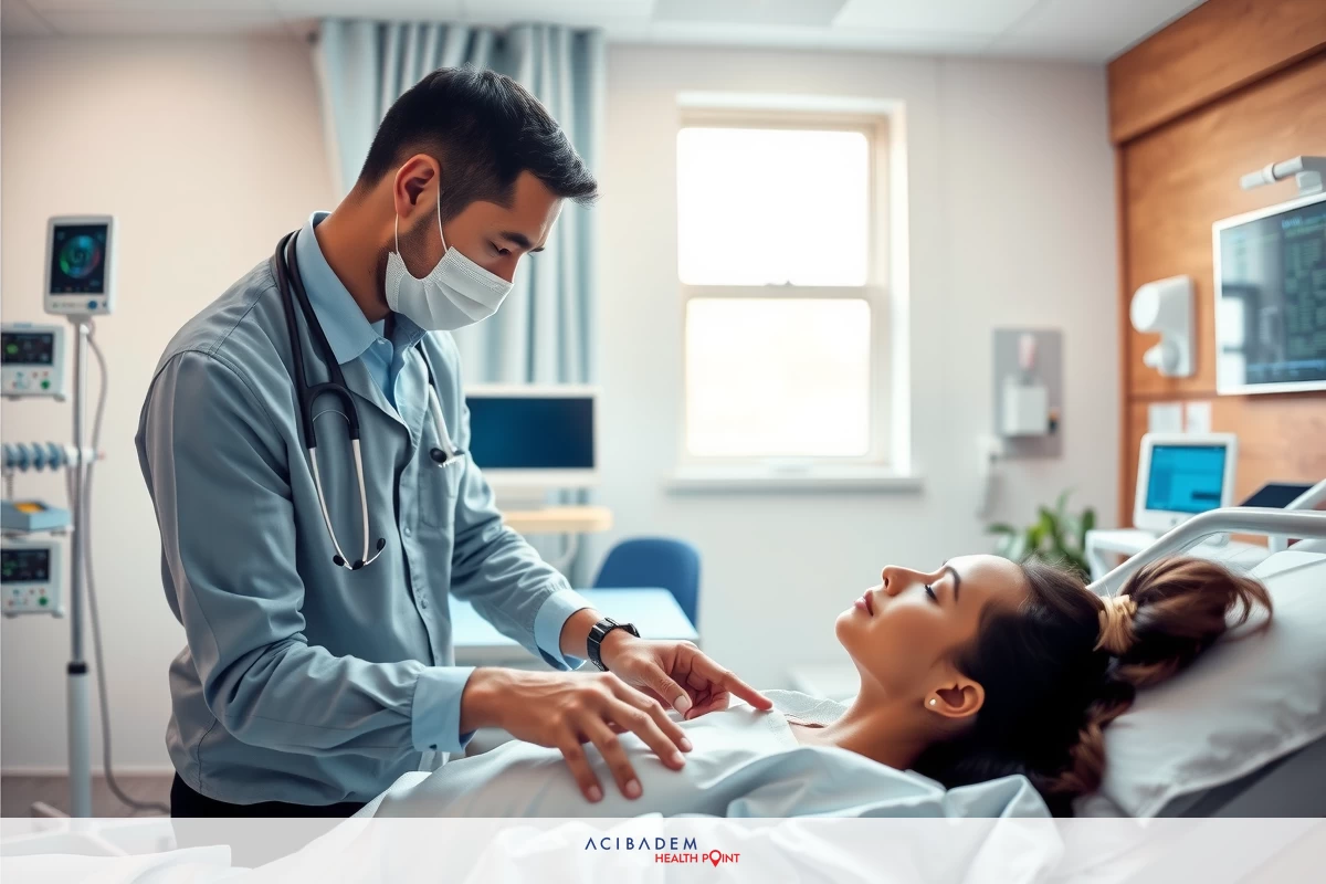 One individual in a hospital setting with medical personnel examining a patient. A doctor in a blue uniform and mask, interacting closely with the patient lying on a bed.