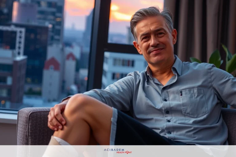 The pancreatic cancer pain info The man is resting on a couch with his legs crossed. He is wearing a long-sleeved shirt and has a bandage wrapped around his knee, indicating that he may have sustained an injury or is recovering from one.